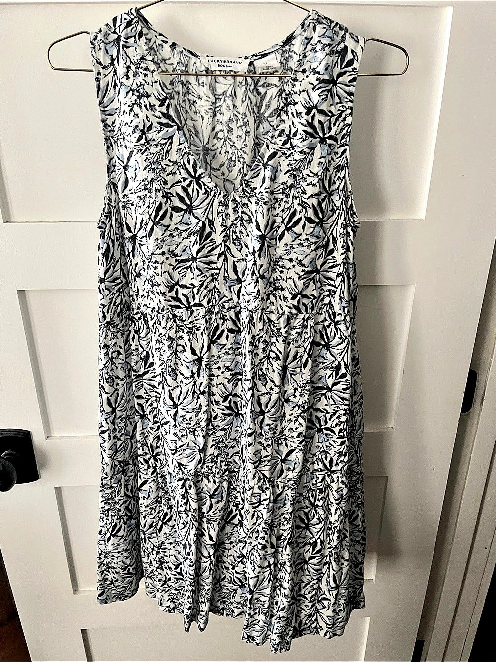 Lucky Brand Floral Linen Midi Dress in White & Blue Size XS